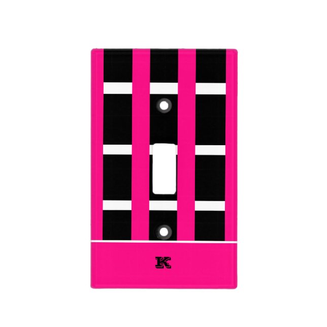 Fun Hot Pink White Black Stripe Initial Name Light Switch Cover (Front)