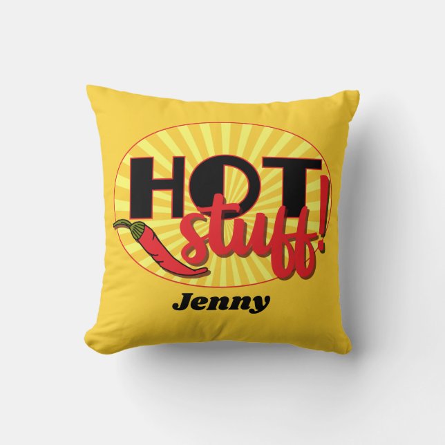 Fun Hot Stuff Red and Yellow Chillies Quote Throw Pillow (Front)