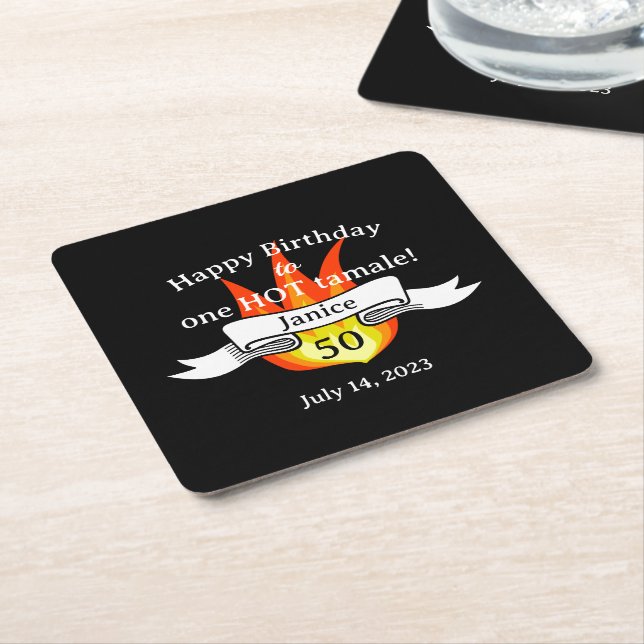 Fun 'Hot Tamale' 50th Birthday Funny Personalized Square Paper Coaster (Angled)
