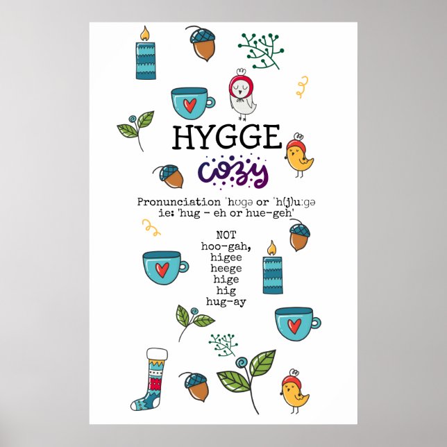 Fun How to SAY HYGGE Funny Cozy Folk Art Doodles Poster (Front)