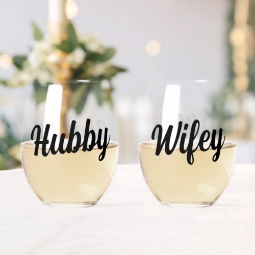 Fun Hubby  Wifey Script Wedding Newlyweds Stemless Wine Glass