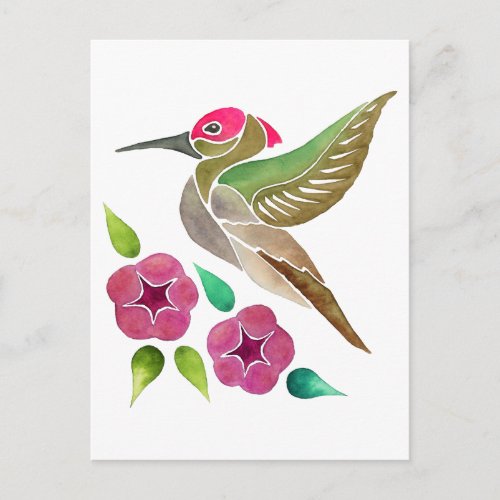 Fun Hummingbird and Flowers Abstract Painting Postcard