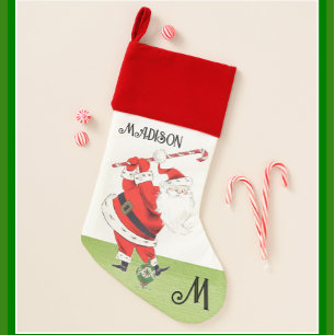Fun Humor Retro Santa Plays Golf Monogram Name Christmas Stocking