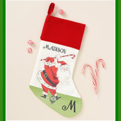 Fun Humor Retro Santa Plays Golf Monogram Name Christmas Stocking