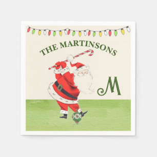 Fun Humor Retro Santa Plays Golf Monogram Name Napkins