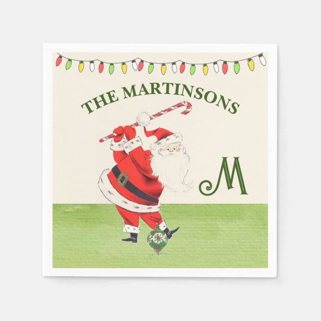 Fun Humor Retro Santa Plays Golf Monogram Name  Napkins (Front)