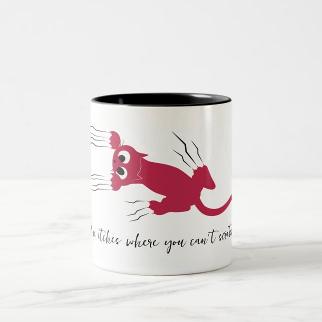 Fun Humorous Red Cat Scratching Cartoon Script Two-Tone Coffee Mug (Center)