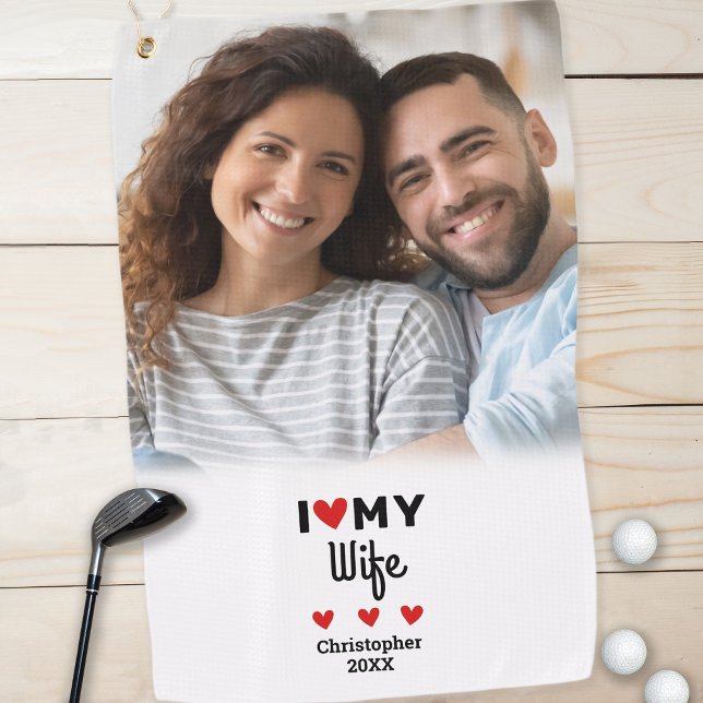  Fun I Heart Love My Wife Photo Golfer Modern Cute Golf Towel (Creator Uploaded)