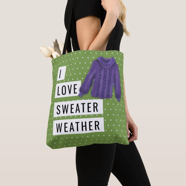 Fun I Love Sweater Weather White Polka Dots Green Tote Bag (Close Up)