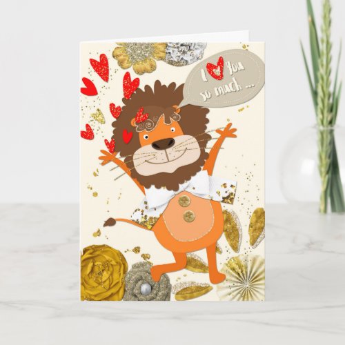 Fun I Love You _ Cartoon Lion and Hearts Card