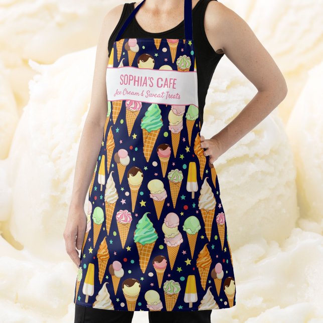 Fun Ice Cream Cone Pattern Cute Custom Name Text Apron (Creator Uploaded)