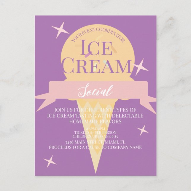  Fun Ice Cream Social Flyer Invitation  Purple  Postcard (Front)