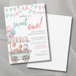 Fun Ice Cream Summer 1st Birthday Party Invitation<br><div class="desc">"Sweet ONE" sets the tone for this fun and cheerful summer birthday party invitation. The design features a watercolor pink and teal blue ice cream cart on the bottom left, with festive balloons and triangle flags decorating the top for a whimsical and celebratory vibe. Perfect for a first birthday, but...</div>