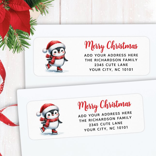 Fun Ice Skating Penguin in Red Merry Christmas Label (Creator Uploaded)