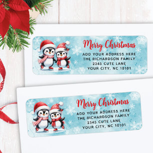 Fun Ice Skating Penguins Blue and Red Christmas Label
