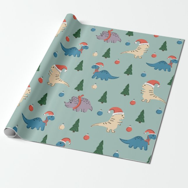 FUN ILLUSTRATION CHRISTMAS DINOSAUR GIFT WRAPPING  WRAPPING PAPER (Unrolled)