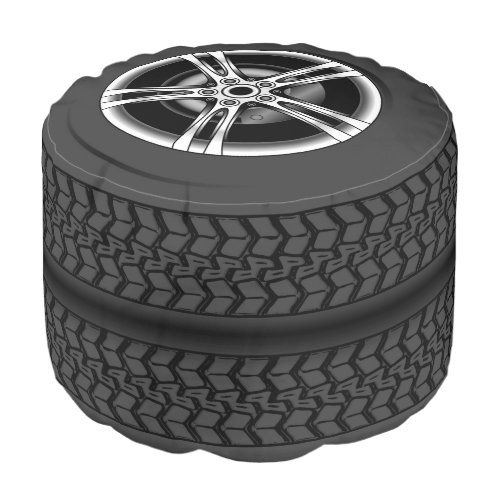 Fun illustration of black car tires and wheel rims pouf
