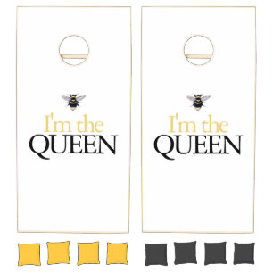 Fun I'm The Queen Quote White Gold Black Cornhole Set