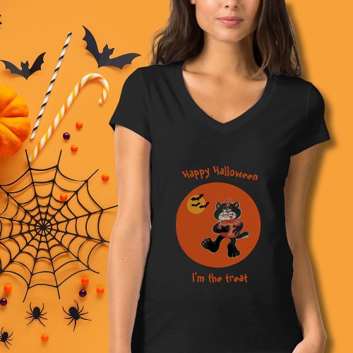 Fun Im the Treat Halloween Cute Black Cat Moon T_Shirt