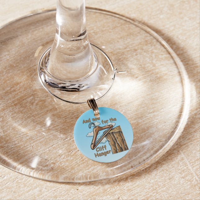 Fun Image of Cliff Hanger with Playful Wordplay Wine Charm (In Situ)
