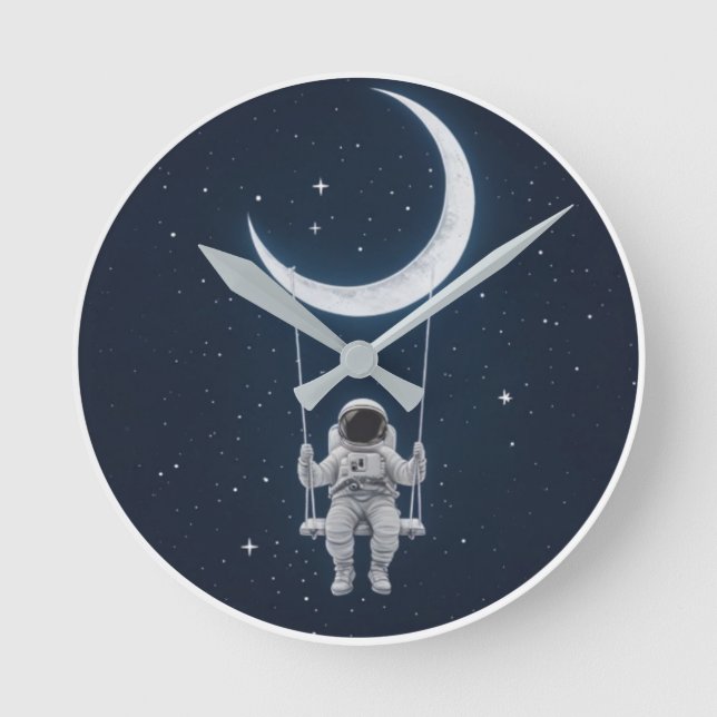 Fun in Space - Astronaut Swinging on the Moon Round Clock (Front)