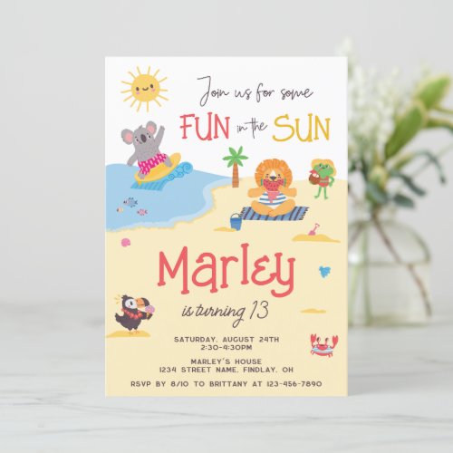 Fun in the Sun Beach Animal Birthday Party Any Age Invitation