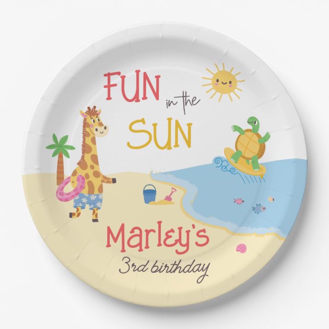 Fun in the Sun Beach Animal Happy Birthday Paper Plates (Front)