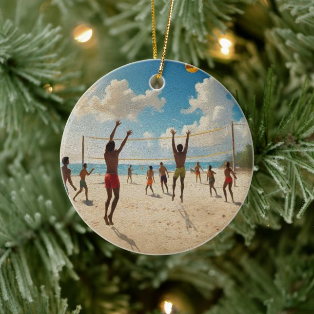 Fun In The Sun Beach Volleyball Oil Paint, Ceramic Ornament (Tree)