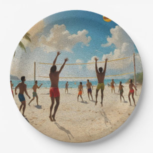 Fun In The Sun Beach Volleyball Oil Paint, Paper Plates