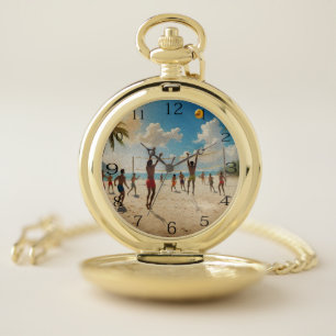 Fun In The Sun Beach Volleyball Oil Paint, Pocket Watch