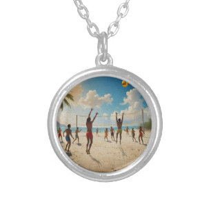 Fun In The Sun Beach Volleyball Oil Paint, Silver Plated Necklace