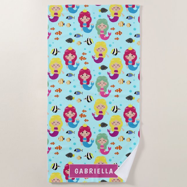 Fun in the Sun Colorful Mermaid beach Beach Towel (Front)