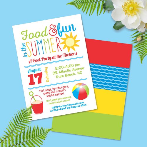 Fun in the Sun Colorful Summer Pool Party Invitation