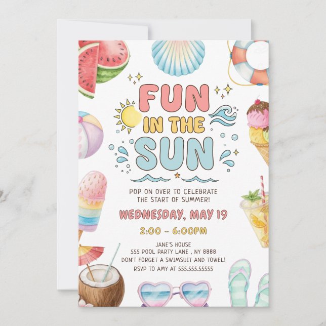 Fun In The Sun, End of School Party  Invitation (Front)