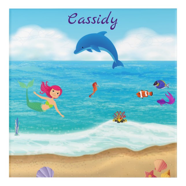 Fun in the Sun Mermaid Dolphin Beach Personalized Acrylic Print (Front)