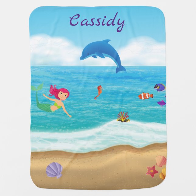 Fun in the Sun Mermaid Dolphin Beach Personalized Baby Blanket (Front)