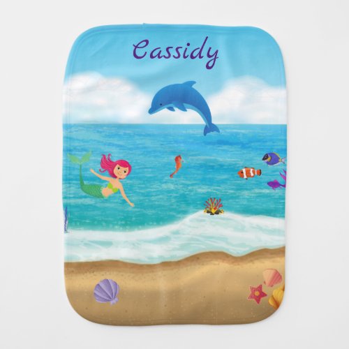 Fun in the Sun Mermaid Dolphin Beach Personalized Baby Burp Cloth