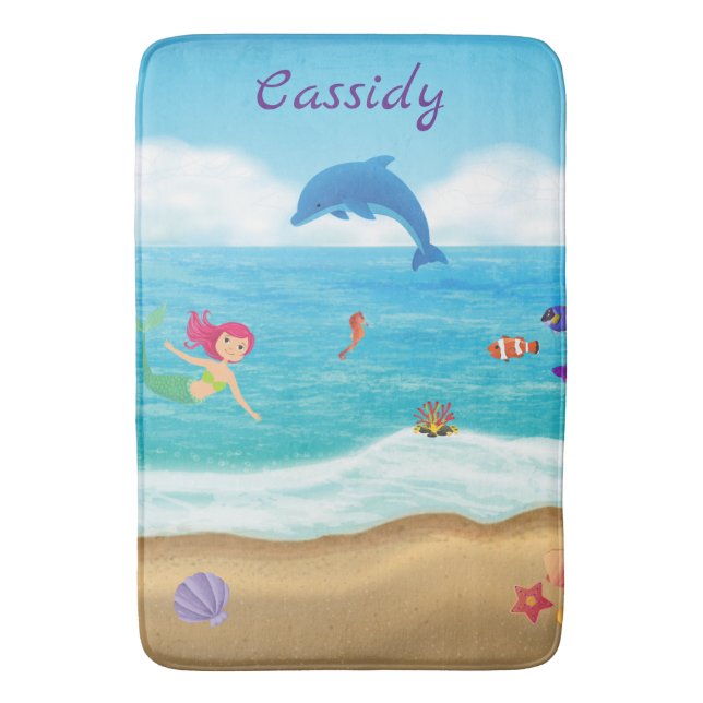 Fun in the Sun Mermaid Dolphin Beach Personalized Bath Mat (Front Vertical)