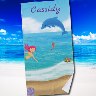 Fun in the Sun Mermaid Dolphin Beach Personalized Beach Towel