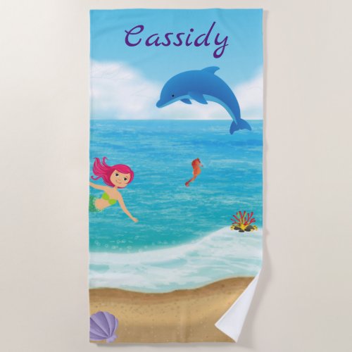 Fun in the Sun Mermaid Dolphin Beach Personalized Beach Towel