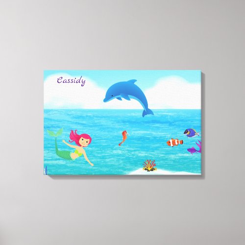 Fun in the Sun Mermaid Dolphin Beach Personalized Canvas Print