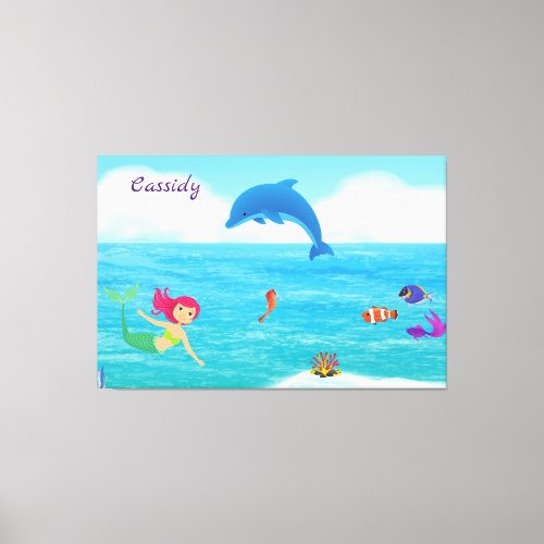 Fun in the Sun Mermaid Dolphin Beach Personalized Canvas Print