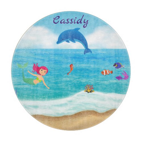 Fun in the Sun Mermaid Dolphin Beach Personalized Cutting Board