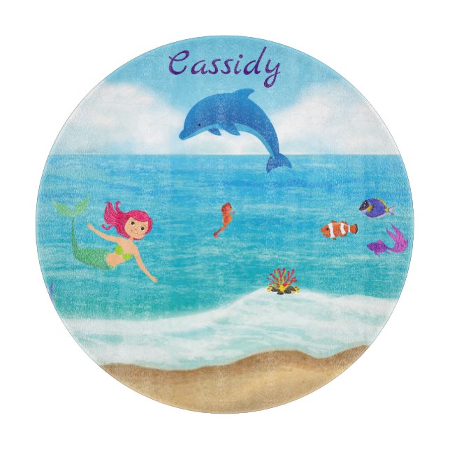 Fun in the Sun Mermaid Dolphin Beach Personalized Cutting Board (Front)