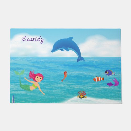 Fun in the Sun Mermaid Dolphin Beach Personalized Doormat