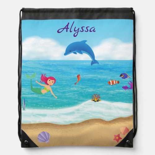 Fun in the Sun Mermaid Dolphin Beach Personalized Drawstring Bag