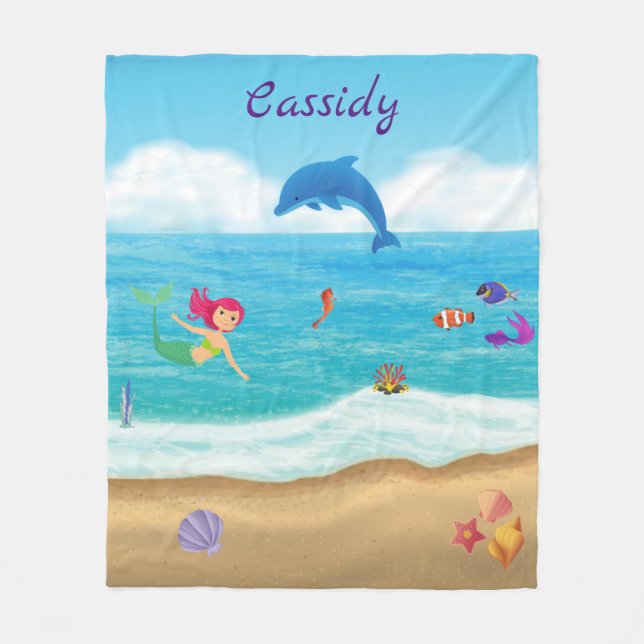 Fun in the Sun Mermaid Dolphin Beach Personalized Fleece Blanket (Front)