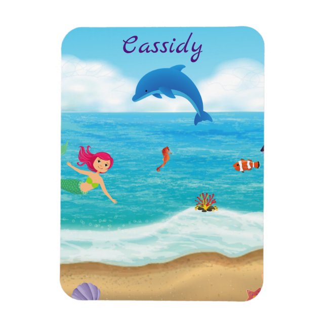 Fun in the Sun Mermaid Dolphin Beach Personalized Magnet (Vertical)