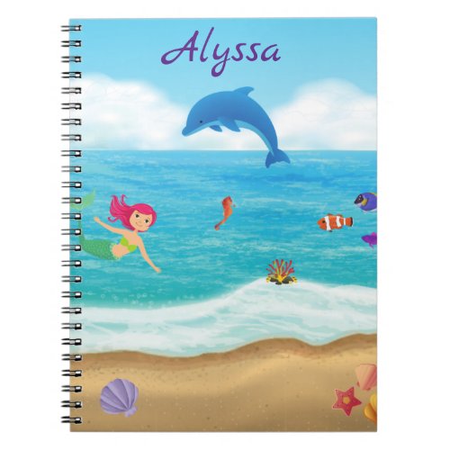 Fun in the Sun Mermaid Dolphin Beach Personalized Notebook