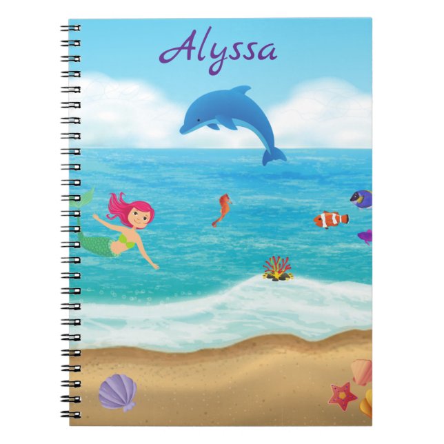 Fun in the Sun Mermaid Dolphin Beach Personalized Notebook (Front)